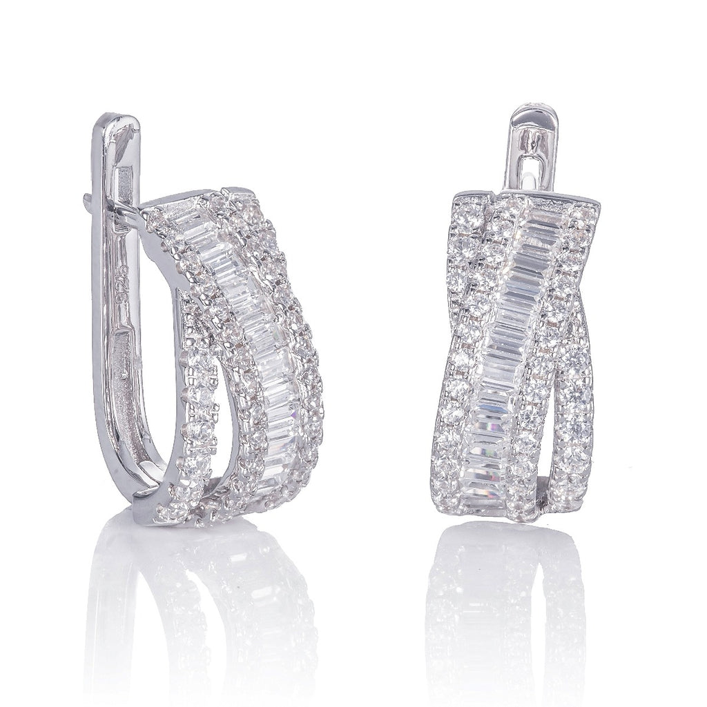 Sterling Silver Hoop Earrings 20mm, Channel Set Baguette Cubic Zirconia