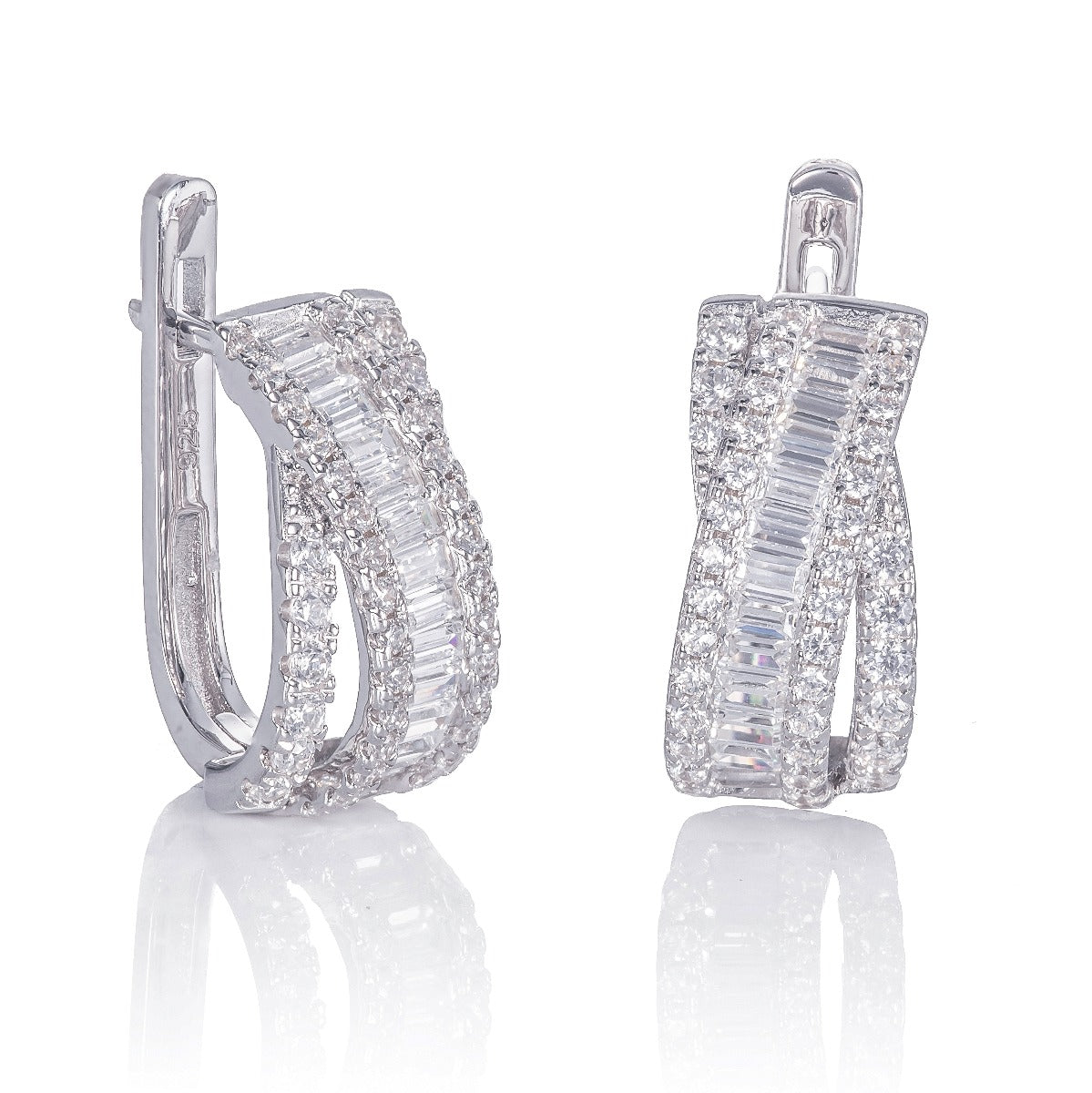 Sterling Silver Hoop Earrings 20mm, Channel Set Baguette Cubic Zirconia