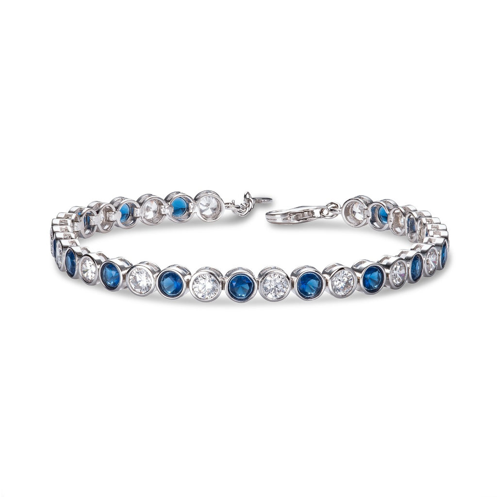 Bezel Set Sterling Silver Tennis Bracelet 4mm Blue & White Cubic Zirconia