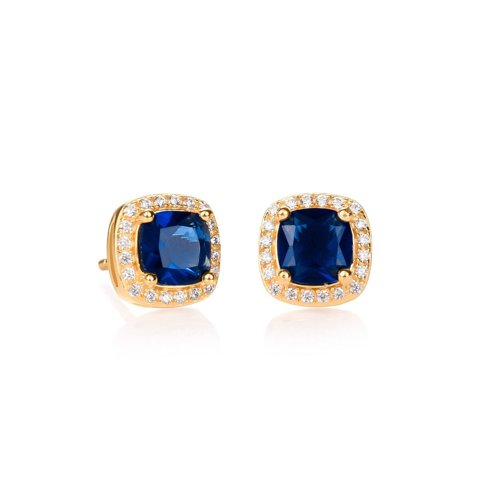 Gold Plated Sterling Silver Cushion Shaped Blue Halo Stud Earrings