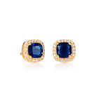 Gold Plated Sterling Silver Cushion Shaped Blue Halo Stud Earrings