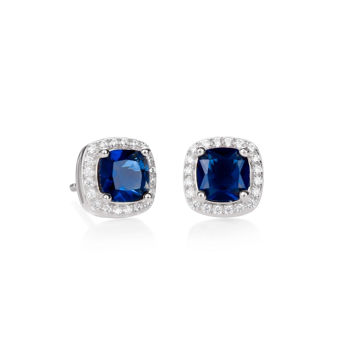 Sterling Silver Blue Cushion Shaped Halo Stud Earrings