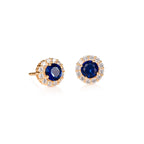 Gold Plated Sterling Silver Dark Blue Round Halo Stud Earrings
