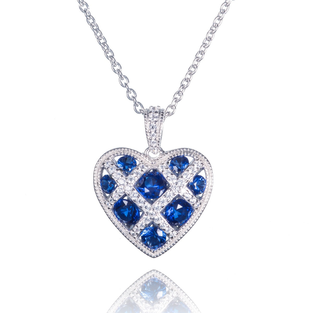 Sterling Silver Blue Heart Lattice Pendant Necklace