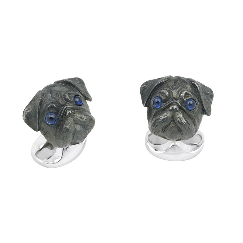 Pug Cufflinks In Sterling Silver with Sapphire Eyes By Deakin & Francis