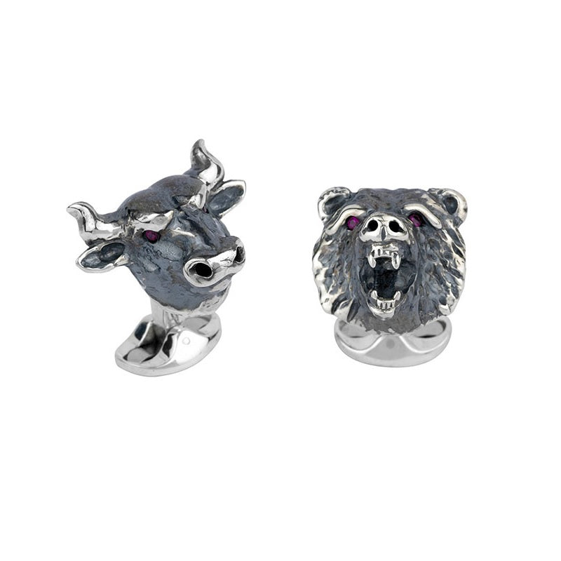 Sterling Silver Bull & Bear Cufflinks With Ruby Eyes By Deakin & Francis