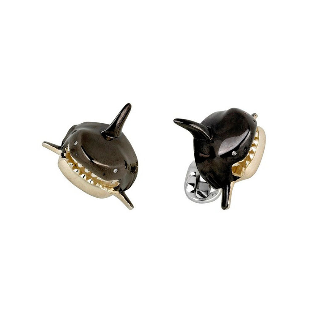 Deakin & Francis Shark Head Cufflinks Sterling Silver With Enamel