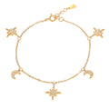 Gold Plated Sterling Silver Moon and Star Charm Bracelet with Sparkling Cubic Zirconia 