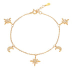 Gold Plated Sterling Silver Moon and Star Charm Bracelet with Sparkling Cubic Zirconia 