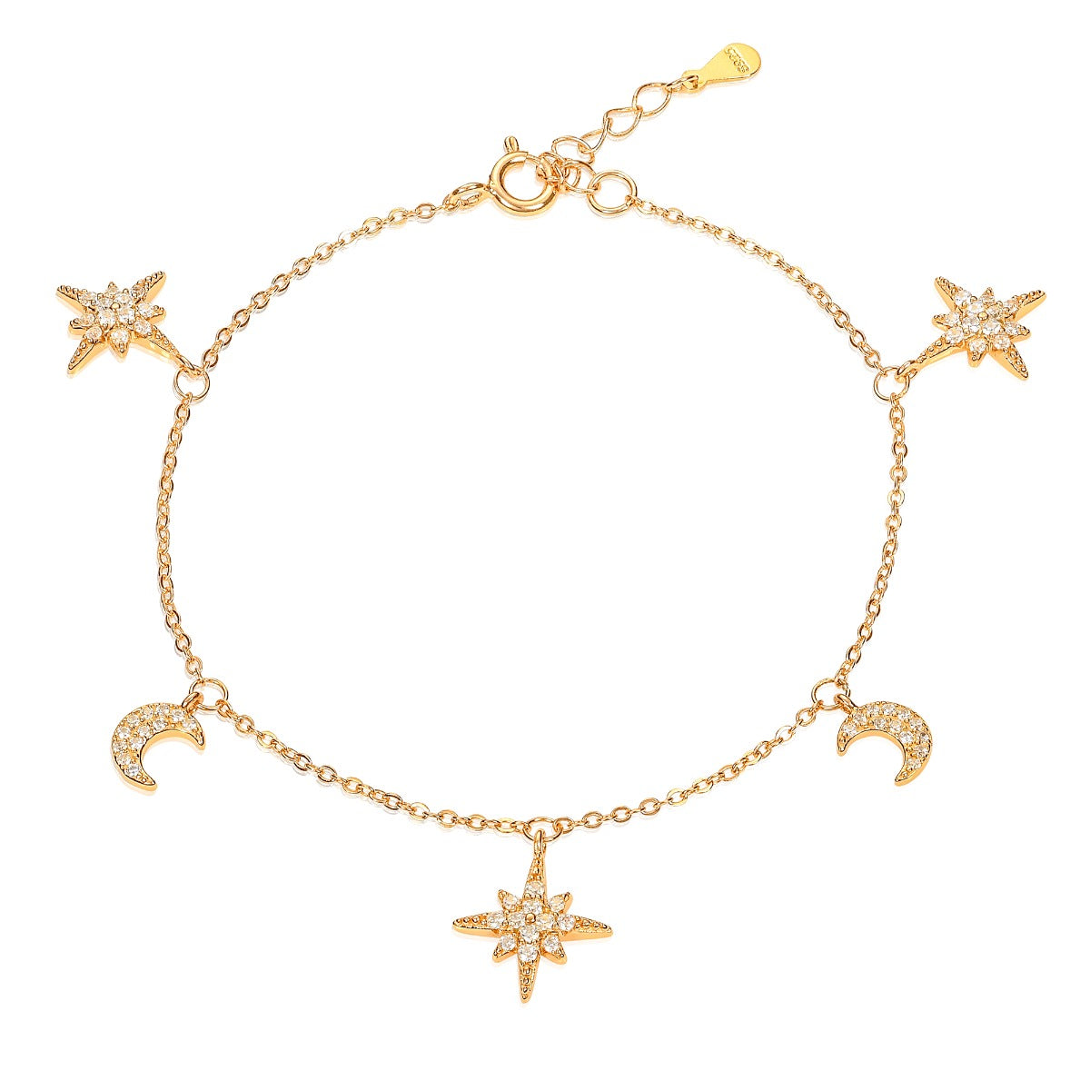 Gold Plated Sterling Silver Moon and Star Charm Bracelet with Sparkling Cubic Zirconia 