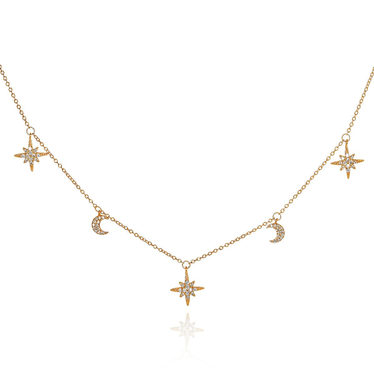 Gold Plated Sterling Silver Moon and Star Charm Necklace with Sparkling Cubic Zirconia 