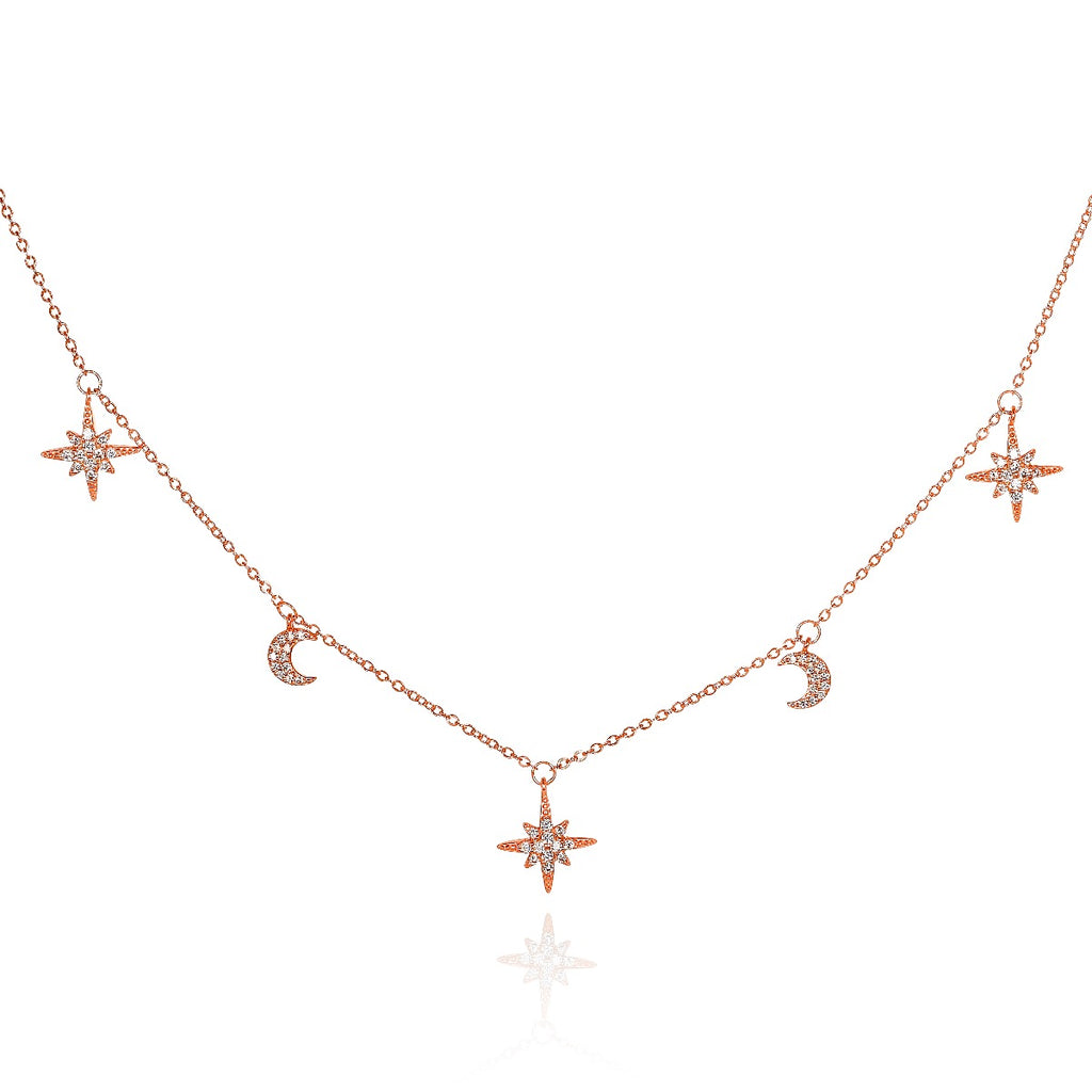 Rose Gold Plated Sterling Silver Moon and Star Charm Necklace with Cubic Zirconia 