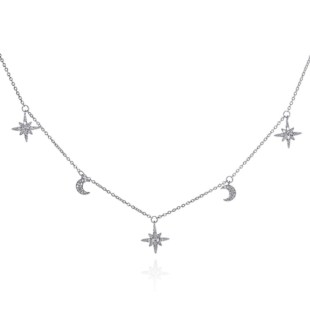 925 Sterling Silver Moon and Star Charm Necklace with Sparkling Cubic Zirconia 