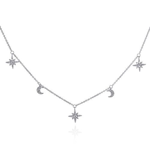 925 Sterling Silver Moon and Star Charm Necklace with Sparkling Cubic Zirconia 