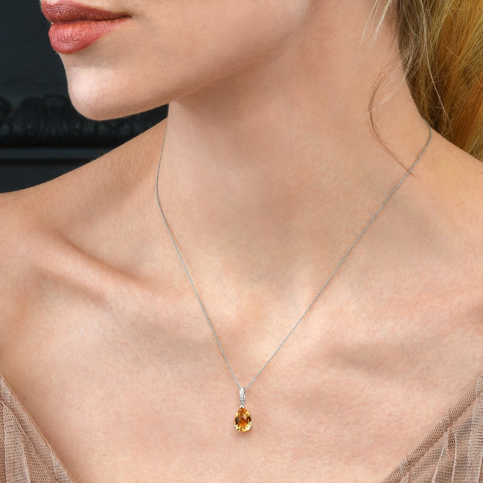 2.50ct Citrine Drop Pendant Necklace With Diamonds 9K White Gold