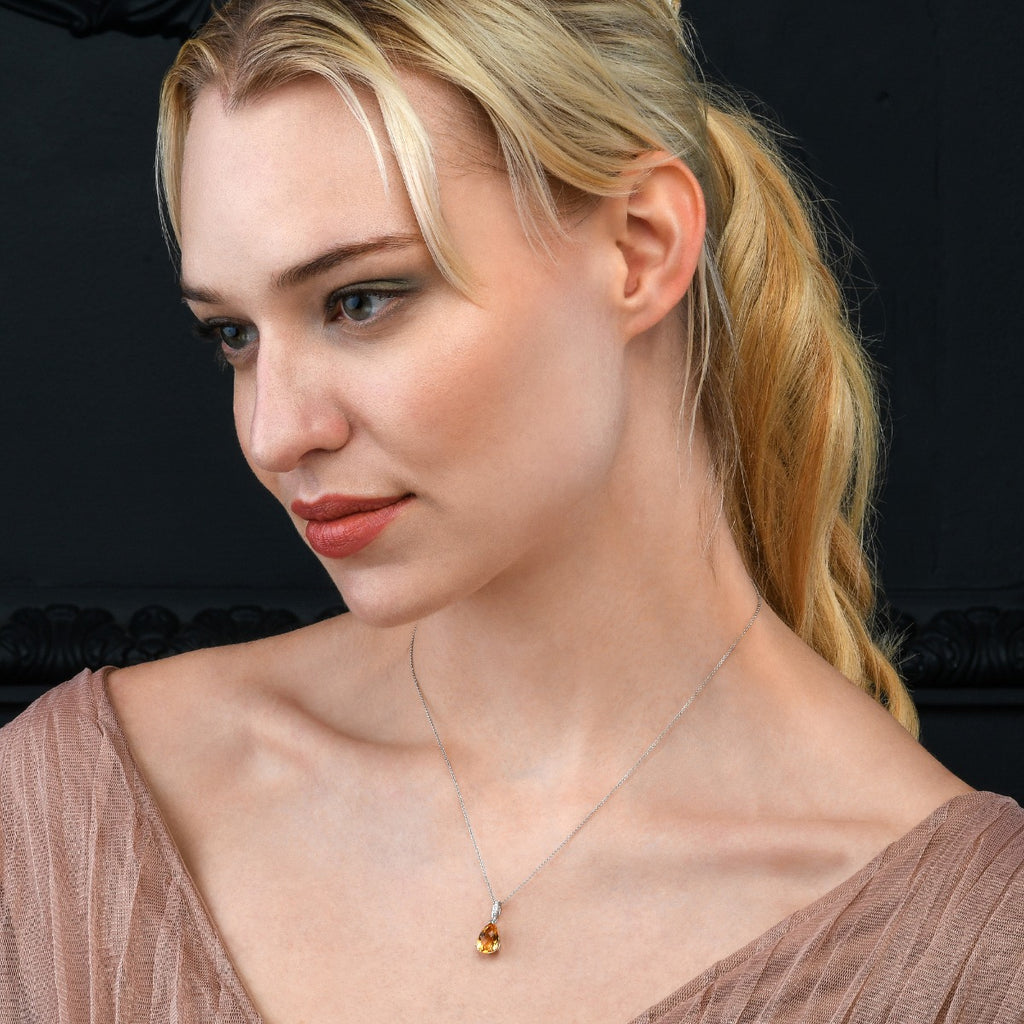 2.50ct Citrine Drop Pendant Necklace With Diamonds 18K White Gold