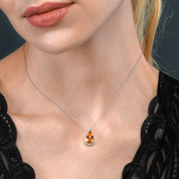 3.40ct Pear Citrine Pendant Necklace With Diamond Halo 18K White Gold