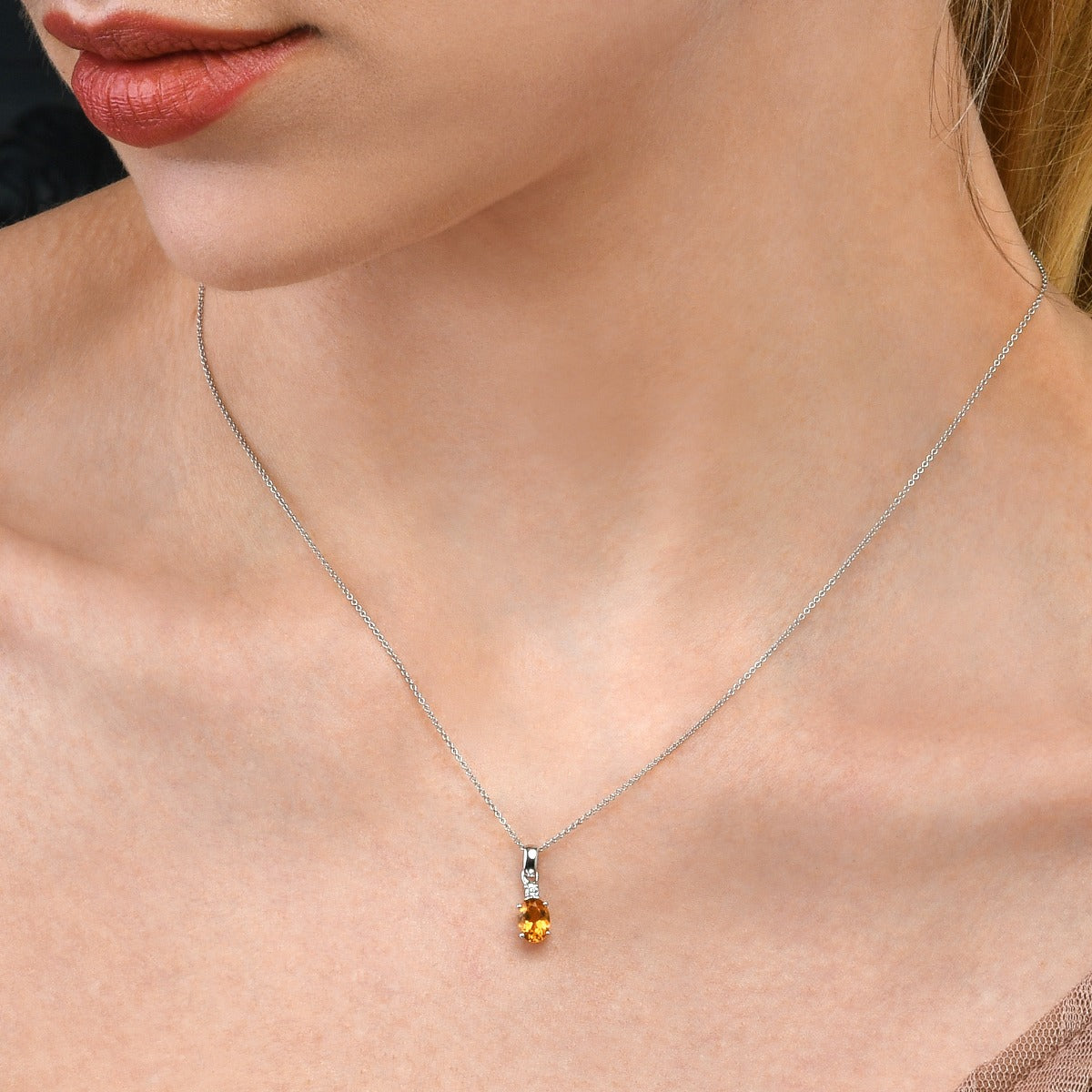 0.60ct Citrine Pendant Necklace With Diamonds 18K White Gold