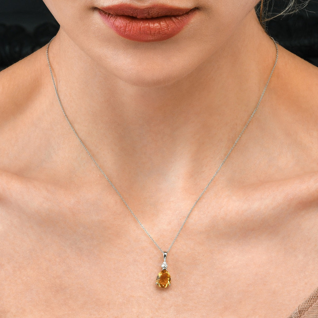  Citrine Drop Pendant Necklace With Diamonds 9K White Gold