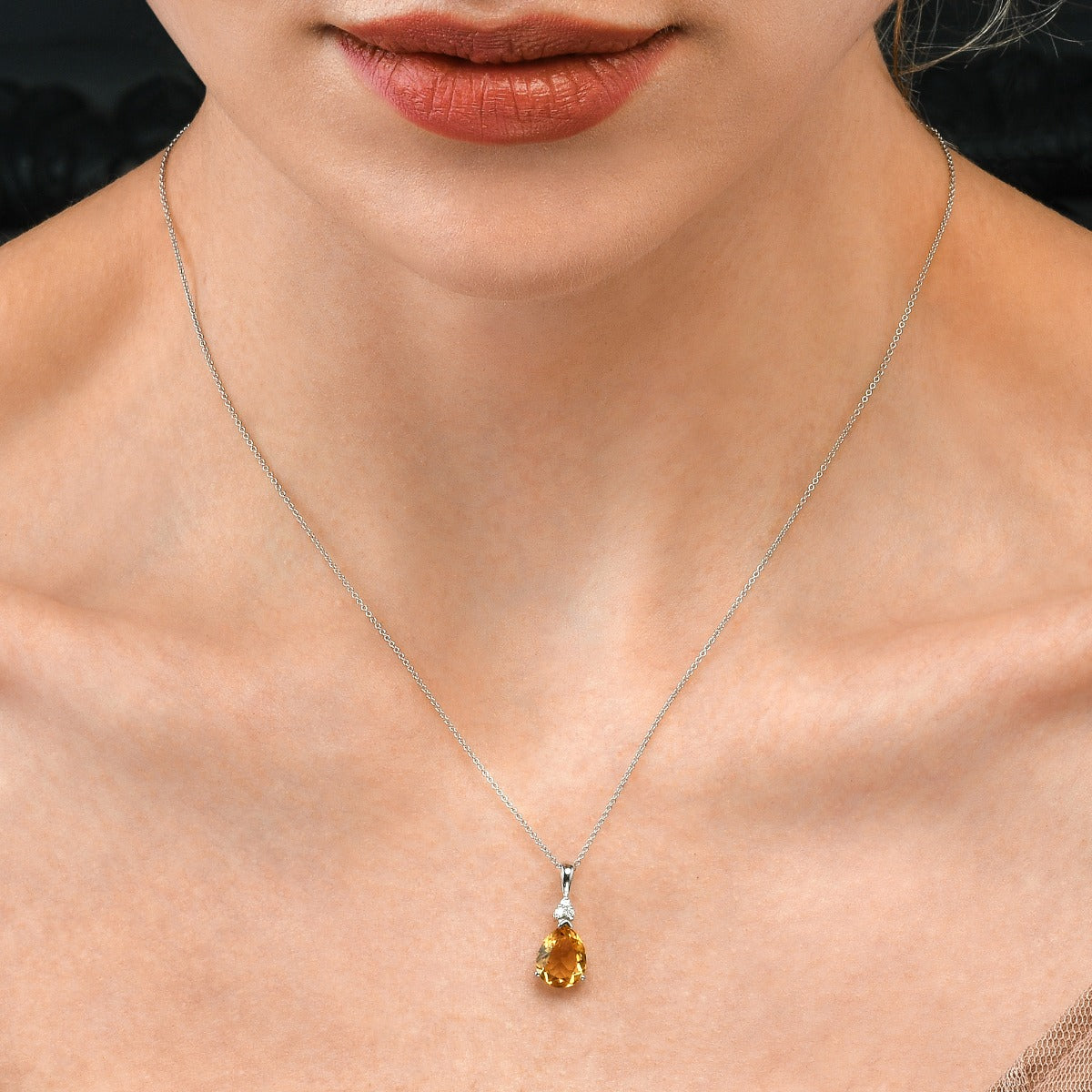 Citrine Drop Pendant Necklace With Diamonds 9K White Gold