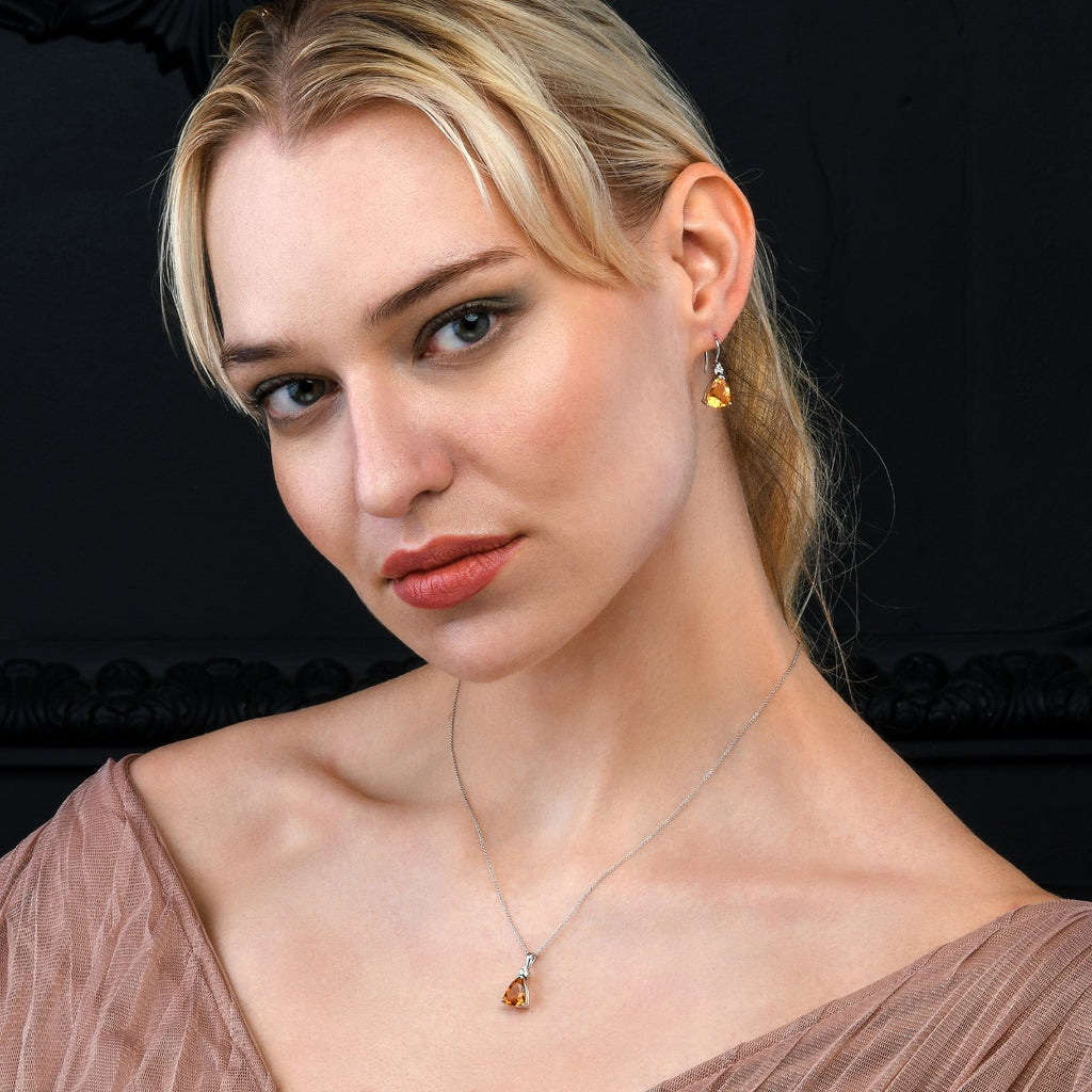 2.25ct Citrine Drop Pendant Necklace With Diamonds 18K White Gold