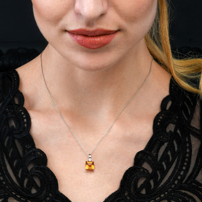 2.65ct Square Citrine Pendant Necklace With Diamonds 18K White Gold