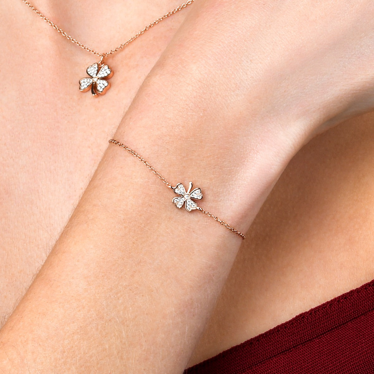 Rose Gold Plated Sterling Silver 4 Leaf Clover Bracelet with Cubic Zirconia
