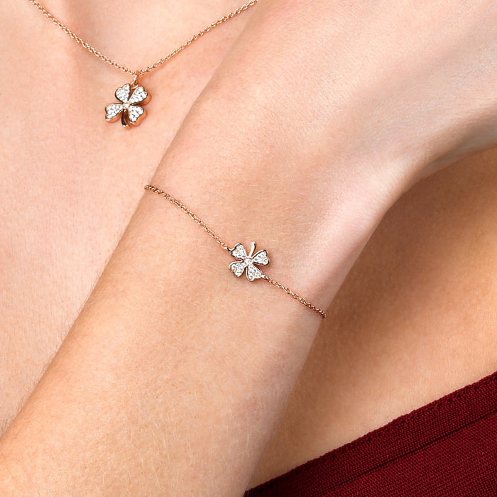 Rose Gold Plated Sterling Silver 4 Leaf Clover Bracelet with Cubic Zirconia