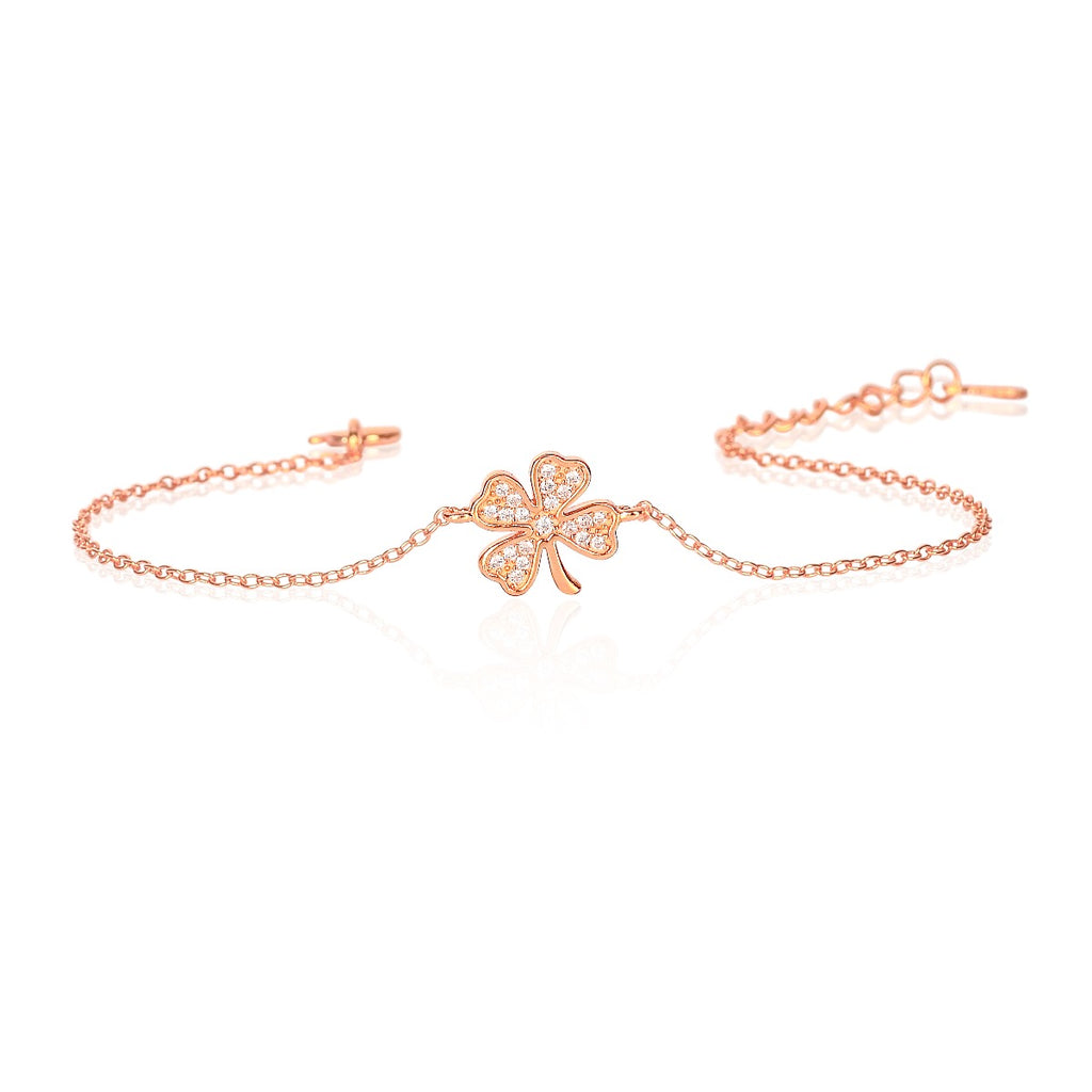Rose Gold Plated Sterling Silver 4 Leaf Clover Bracelet with Cubic Zirconia