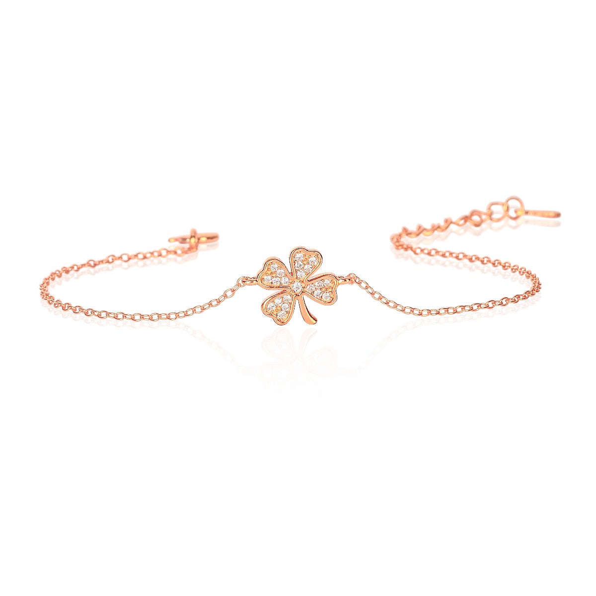 Rose Gold Plated Sterling Silver 4 Leaf Clover Bracelet with Cubic Zirconia