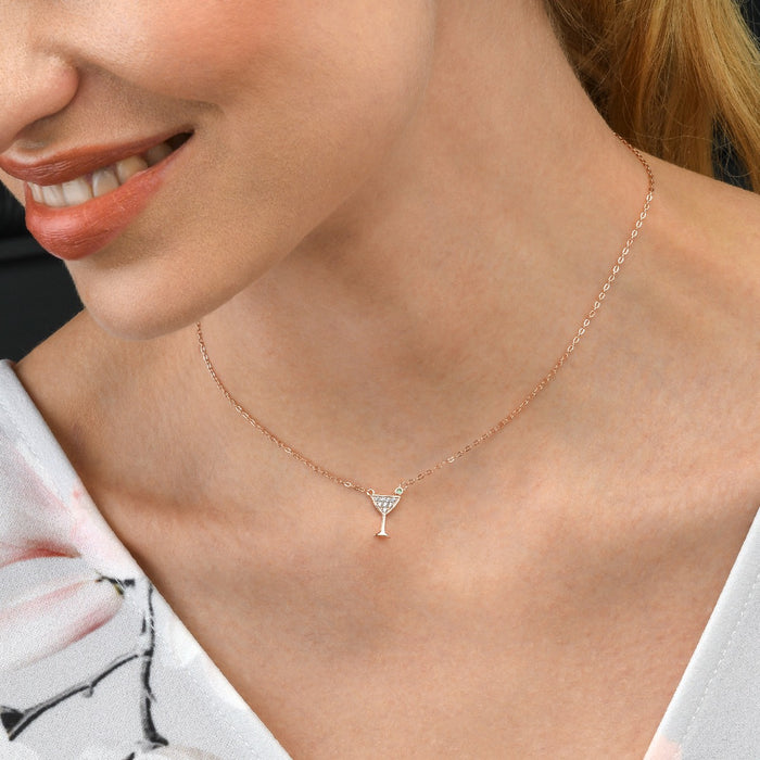 Rose Gold Plated Sterling Silver COCKTAILS GLASS Pendant Necklace with Cubic Zirconia