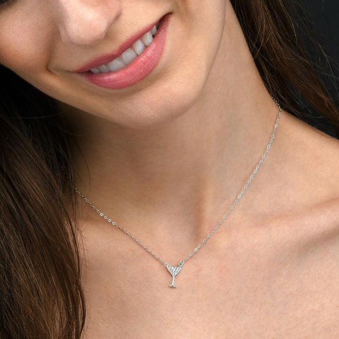 Sterling Silver COCKTAIL GLASS Pendant Necklace with Cubic Zirconia