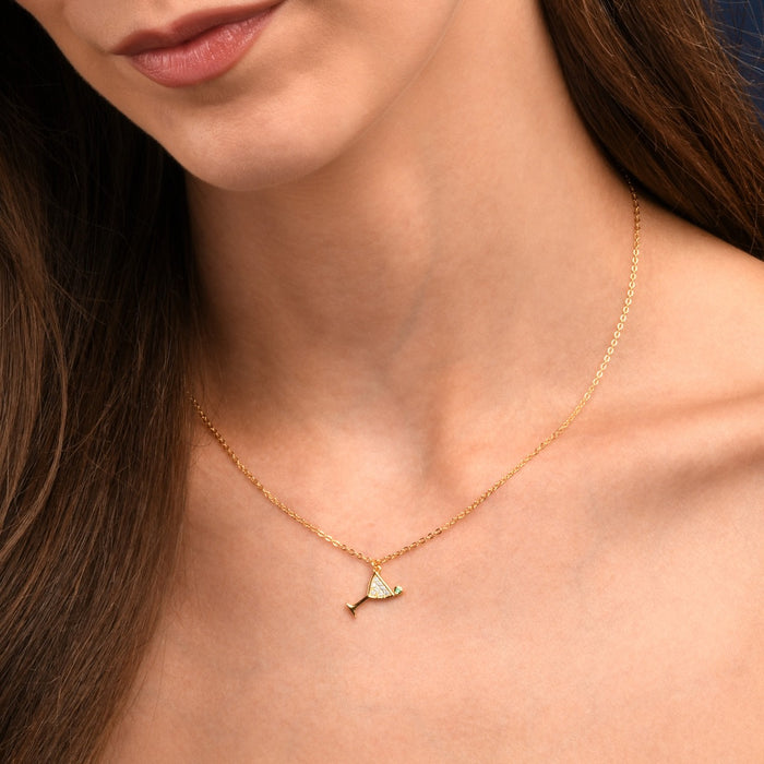 Gold Plated Sterling Silver COCKTAIL GLASS Pendant Necklace with Cubic Zirconia
