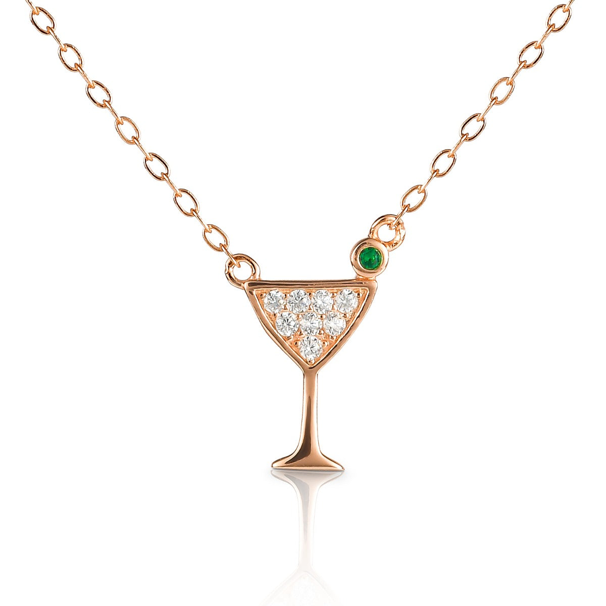 Rose Gold Plated Sterling Silver COCKTAILS GLASS Pendant Necklace with Cubic Zirconia