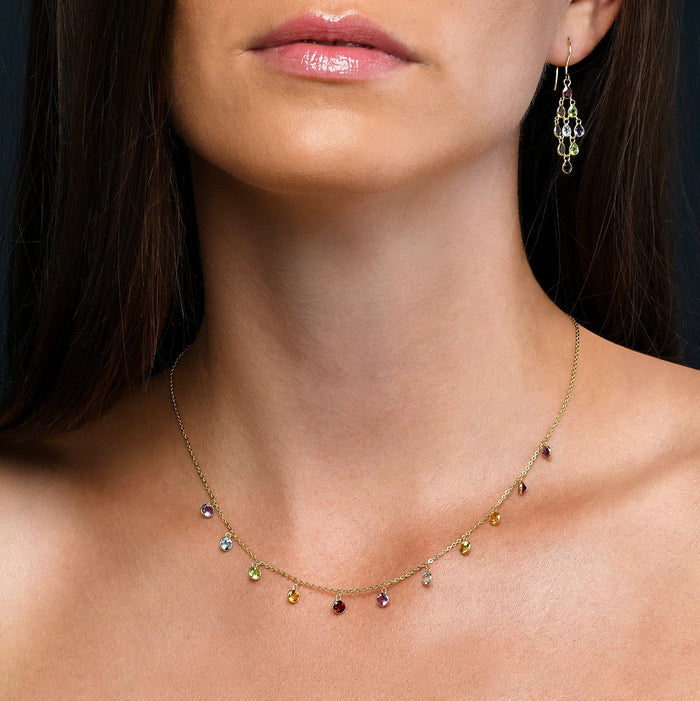 Multi Coloured Natural Gemstone Charm Necklace in 9K Yellow Gold