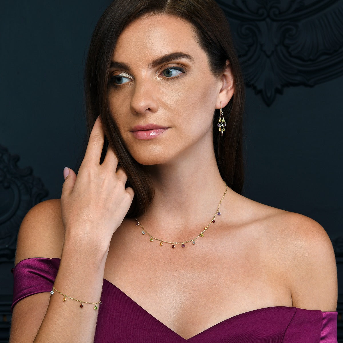 Multi Coloured Natural Gemstone Charm Necklace in 9K Yellow Gold