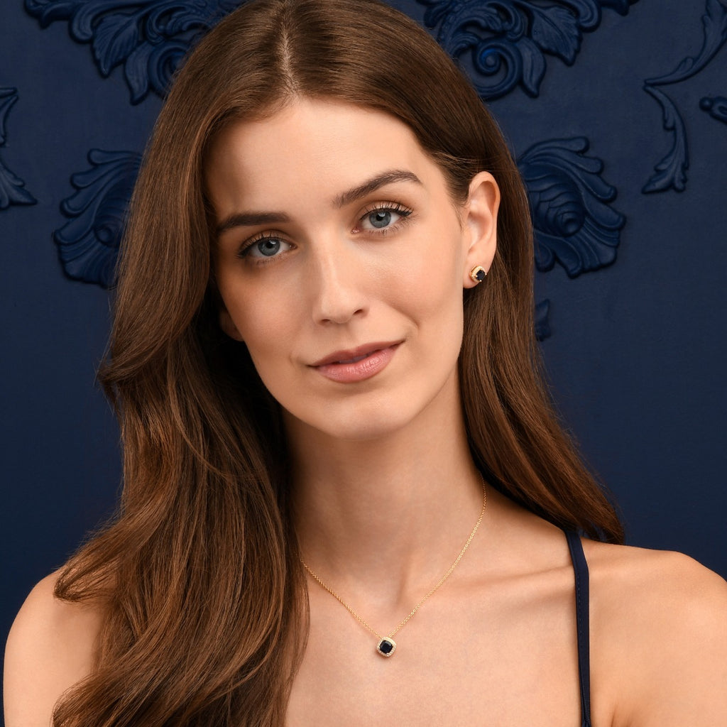 Gold Plated Sterling Silver Blue Cushion Shaped Halo Pendant Necklace