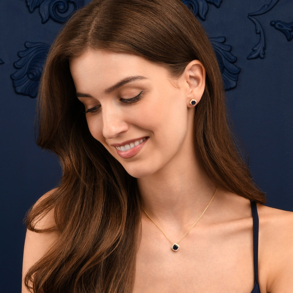Gold Plated Sterling Silver Blue Cushion Shaped Halo Pendant Necklace