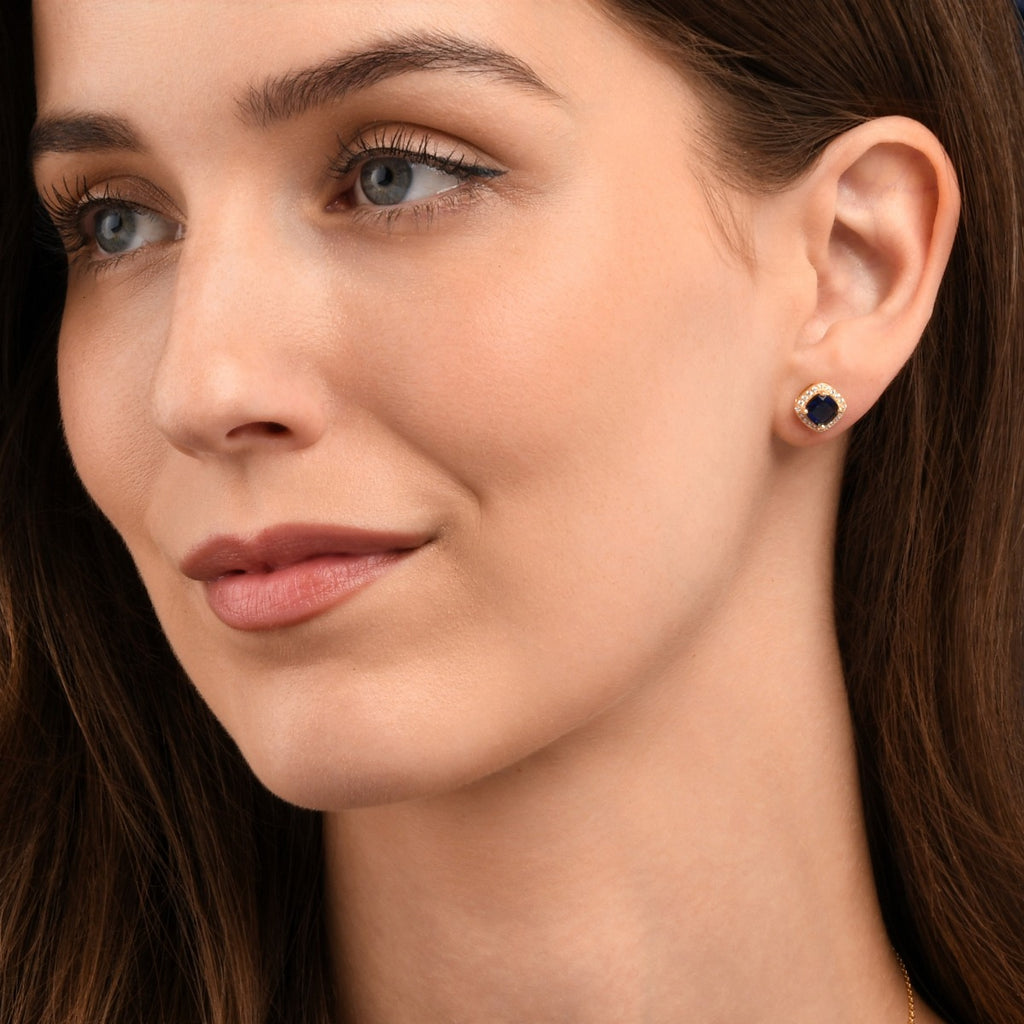 Gold Plated Sterling Silver Cushion Shaped Blue Halo Stud Earrings
