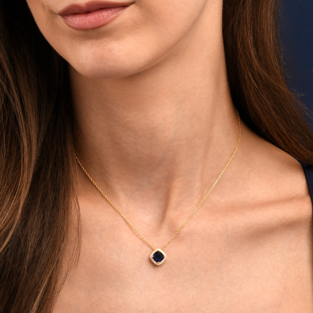 Gold Plated Sterling Silver Blue Cushion Shaped Halo Pendant Necklace