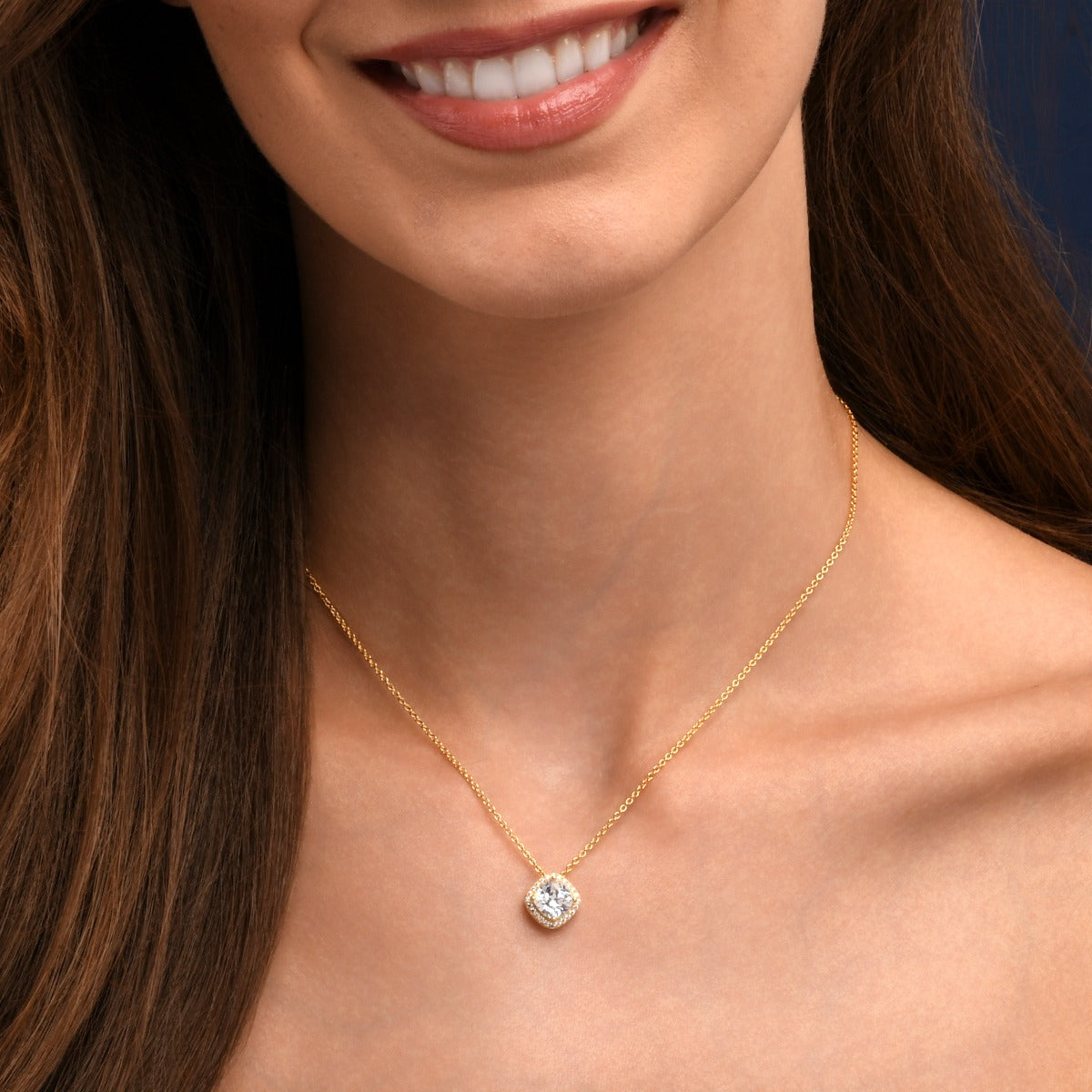 Gold Plated Sterling Silver Cushion Shaped Halo Pendant Necklace