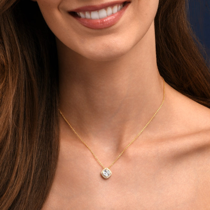 Gold Plated Sterling Silver Cushion Shaped Halo Pendant Necklace