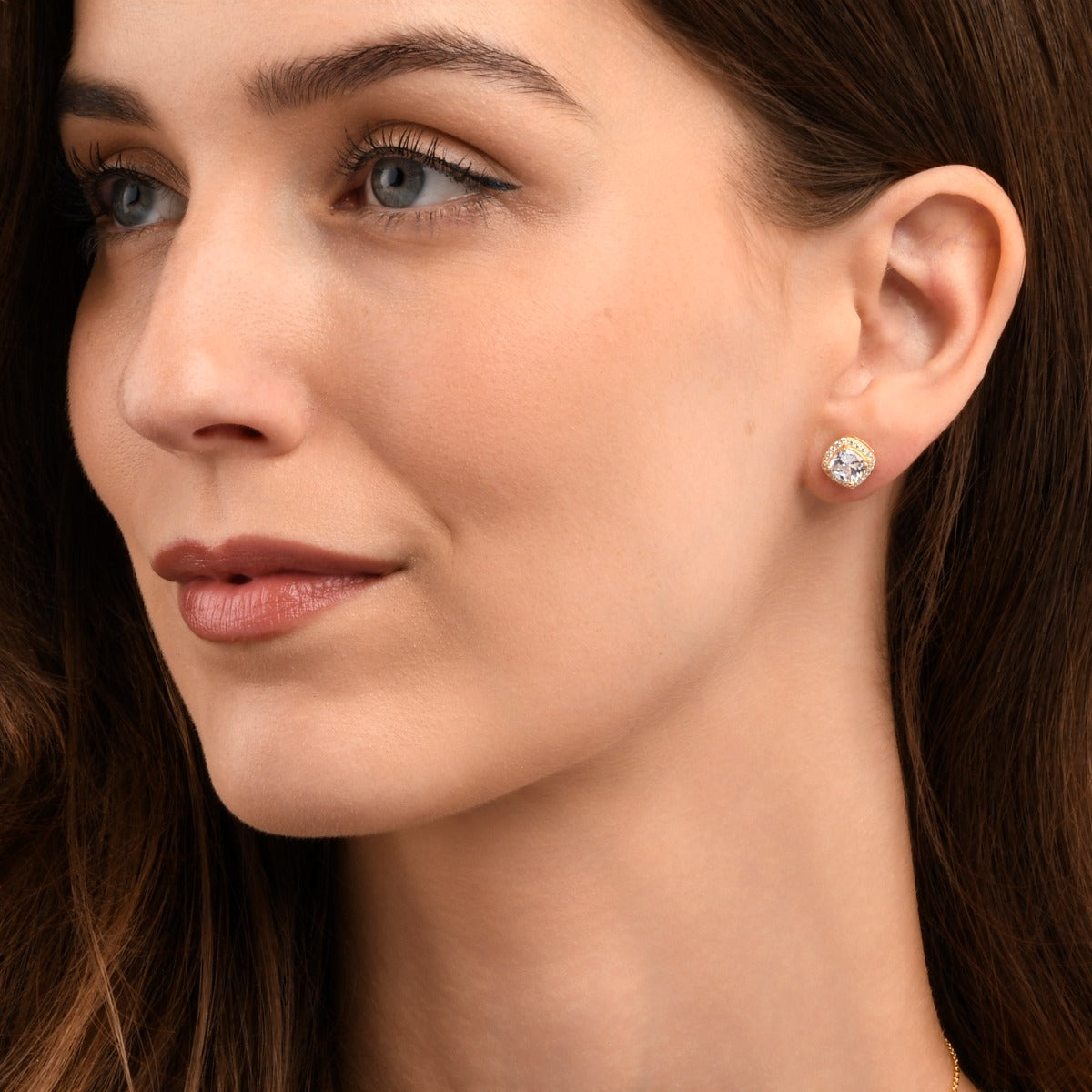 Gold Plated Sterling Silver Cushion Shaped Halo Stud Earrings