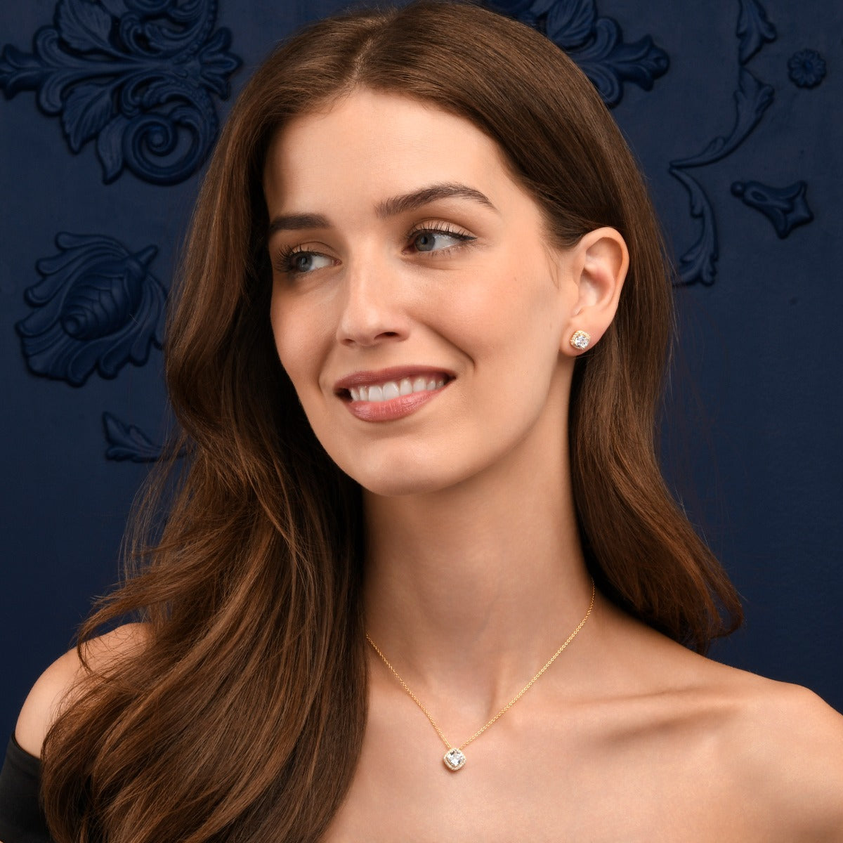 Gold Plated Sterling Silver Cushion Shaped Halo Stud Earrings