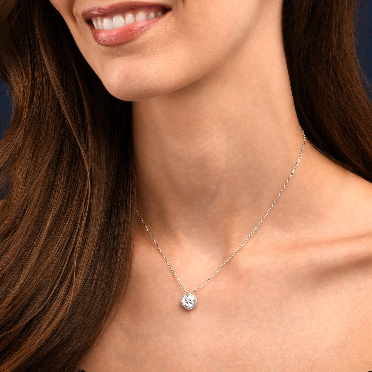 Sterling Silver Cushion Shaped Cubic Zirconia Halo Pendant Necklace