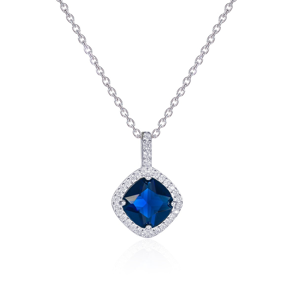 Sterling Silver Cushion Shaped Blue Pendant Necklace