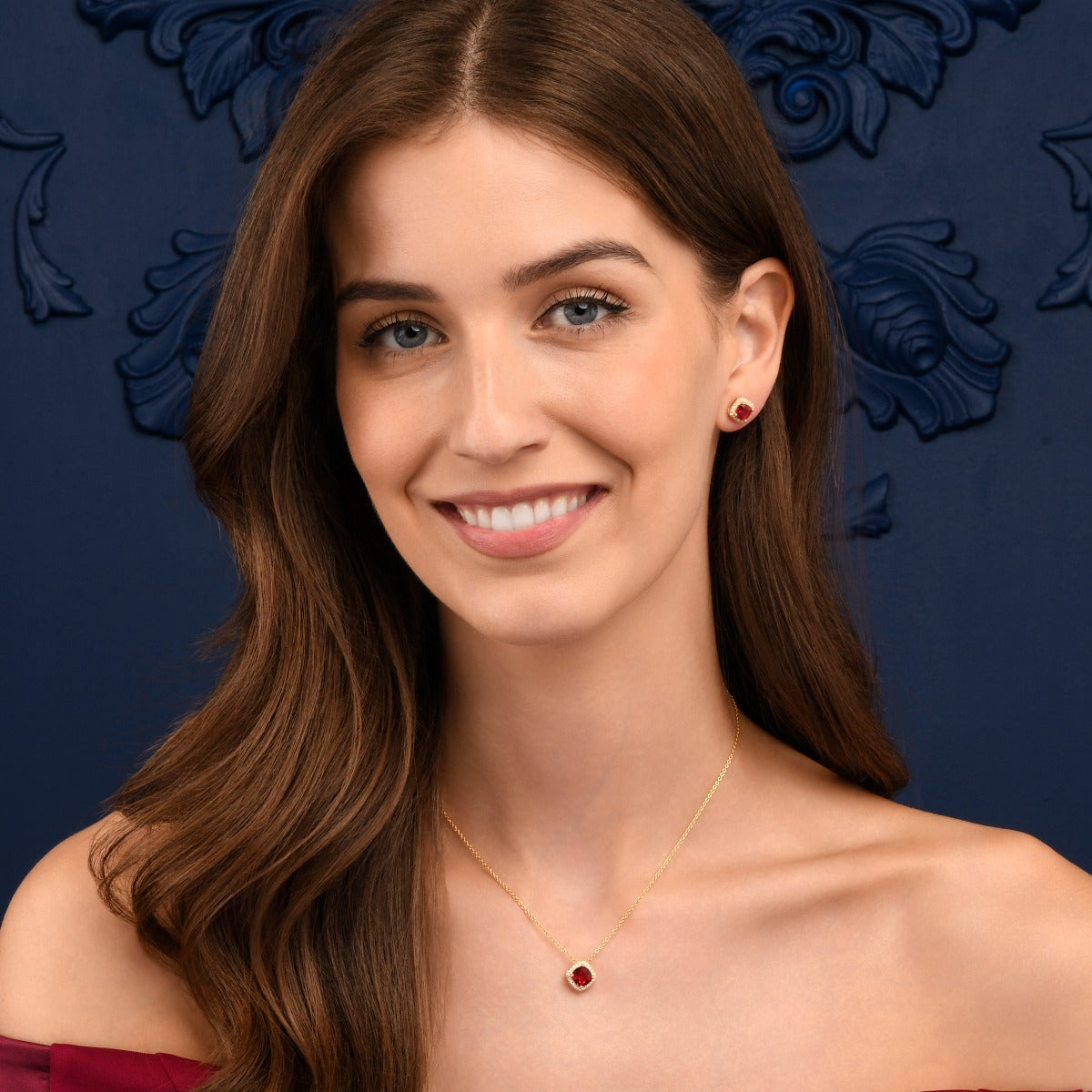 Gold Plated Sterling Silver Red Cushion Shaped Halo Pendant Necklace