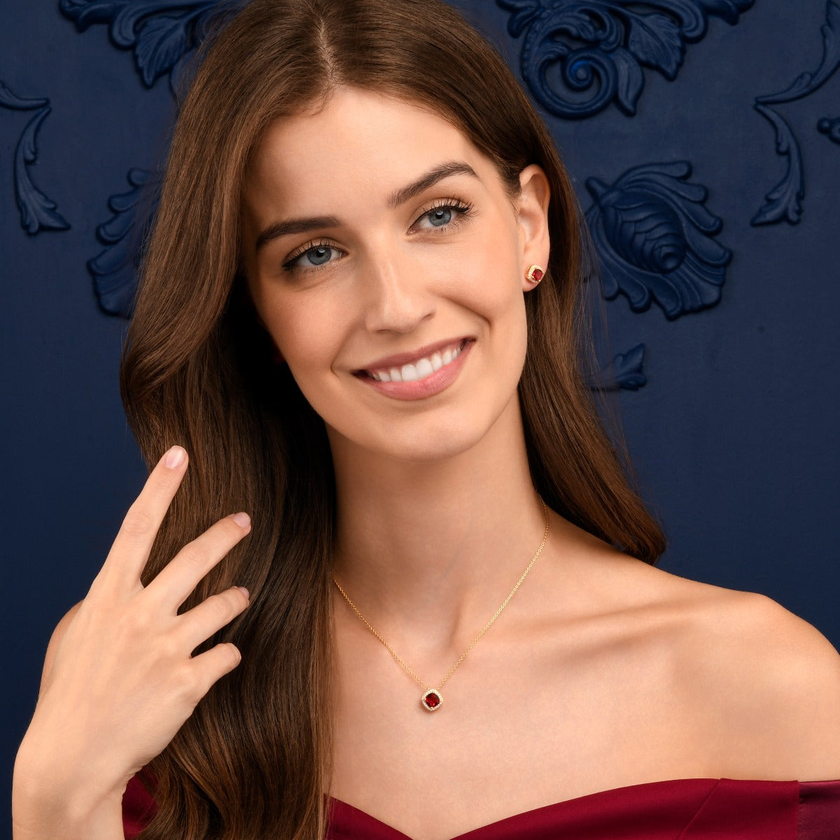 Gold Plated Sterling Silver Red Cushion Shaped Halo Pendant Necklace