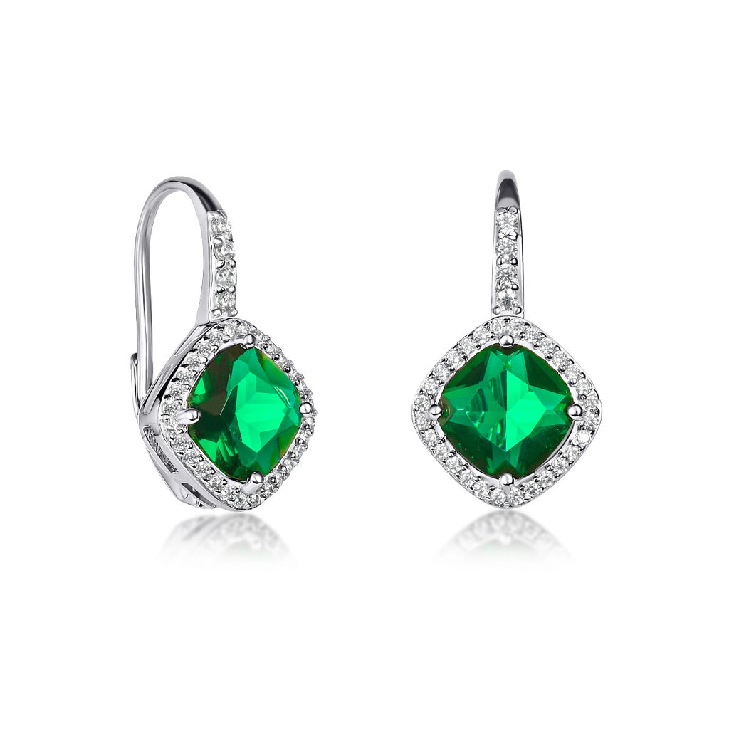 Sterling Silver Green Cushion Shaped  Drop Earrings with Leverback clasps