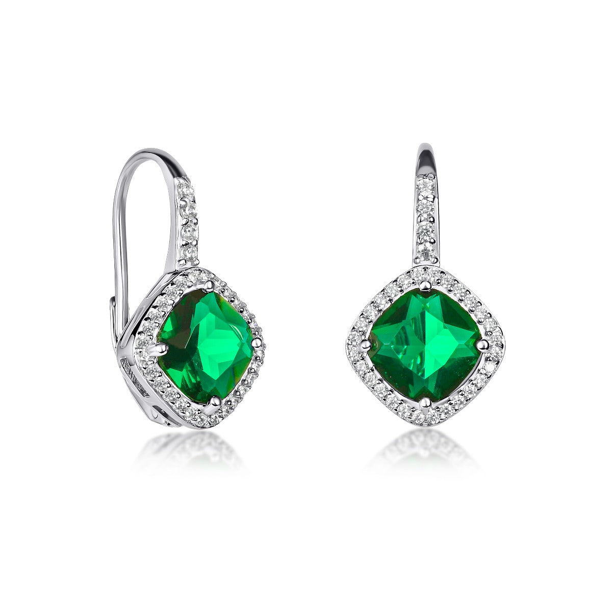Sterling Silver Green Cushion Shaped  Drop Earrings with Leverback clasps